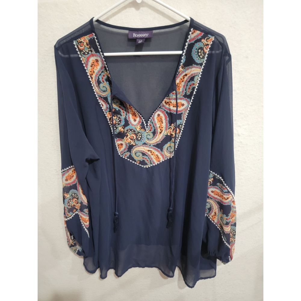 Roaman's‎ 22W Navy Blue Sheer Paisley Embroidered Boho Tunic Blouse Tassel